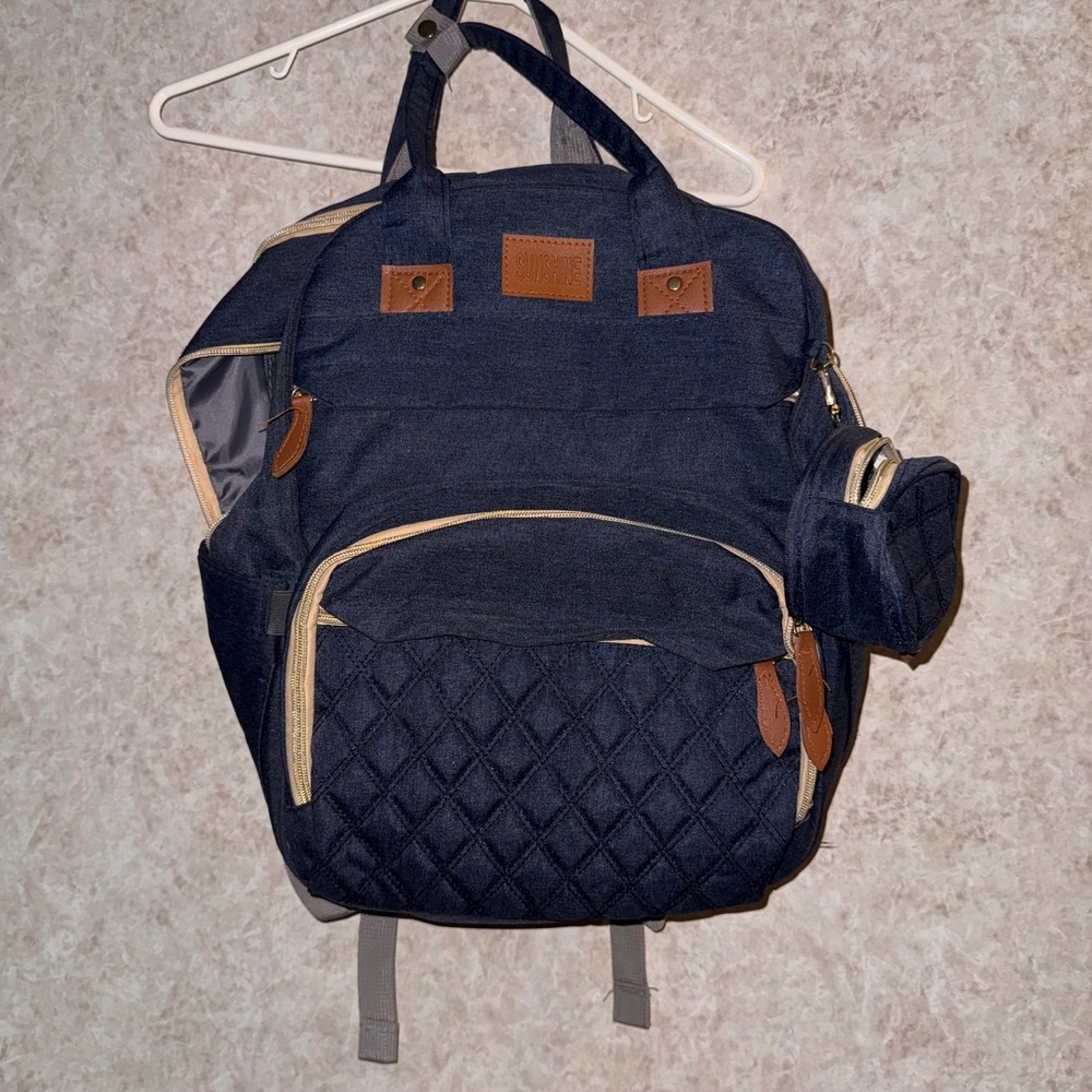 Sunshine Diaper Bag Backpack Navy Blue Quilted Travel Bag with Changing Station